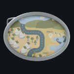 Hebilla De Cinturón Oval Elegante mapa de viajes de vacaciones de personali<br><div class="desc">Mapa de personalizados en estilo plano dibujado con puntos de referencia,  montañas,  carreteras,  mar,  río,  bosque y casas</div>