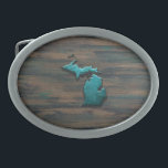 Hebilla De Cinturón Oval Forma de estado de Michigan Verde azulada<br><div class="desc">Forma de estado de Michigan Verde azulada</div>