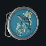 Hebilla De Cinturón Oval Ilustracion de delfín Art Deco sobre azul profundo<br><div class="desc">Hermoso ilustracion de delfín Art Déco con un fondo de personalizable azul profundo.</div>