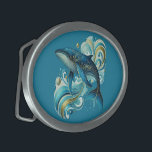 Hebilla De Cinturón Oval Ilustracion de delfín Art Deco sobre azul profundo<br><div class="desc">Hermoso ilustracion de delfín Art Déco con un fondo de personalizable azul profundo.</div>