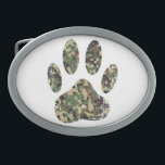 Hebilla De Cinturón Oval Impresión de la garra de perro de Camo con problem<br><div class="desc">Estilo de personalizado de impresión de garra de perro de camo con efecto angustiado aplicado a la imagen. Hebillas de cinturón personalizado. Idea de regalo para los amantes del perro.</div>
