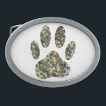 Hebilla De Cinturón Oval Impresión de la garra de perro de Camo con problem<br><div class="desc">Estilo de personalizado de impresión de garra de perro de camo con efecto angustiado aplicado a la imagen. Hebillas de cinturón personalizado. Idea de regalo para los amantes del perro.</div>