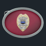 Hebilla De Cinturón Oval Insignia delgada de la línea azul<br><div class="desc">Este diseño tiene como objetivo honrar a los valientes hombres y mujeres que protegen a nuestras comunidades. Esta policía,  el sheriff y el símbolo de las fuerzas del orden es un bello tributo gráfico a los que sirven y a los que han hecho el sacrificio supremo.</div>