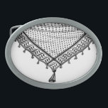Hebilla De Cinturón Oval Keffiyeh palestino Scarf tejido tradicional<br><div class="desc">Cubierta blanca y negra palestina/árabe Keffiyeh diseñada como si estuviera envuelta alrededor del cuello, elemento aislado en blanco. El keffiyeh, también conocido como hatta, es un discurso árabe tradicional. Históricamente, la usaban las comunidades nómadas -o beduinos- en la Palestina histórica. Está hecho típicamente de algodón y adornado con patrones trenzados...</div>