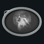 Hebilla De Cinturón Oval Lobo negro y blanco de la luna<br><div class="desc">Un lobo sigue siendo un lobo,  incluso cuando está solo. Tal vez un lobo sea más bien un lobo cuando está solo.</div>