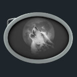 Hebilla De Cinturón Oval Lobo negro y blanco de la luna<br><div class="desc">Un lobo sigue siendo un lobo,  incluso cuando está solo. Tal vez un lobo sea más bien un lobo cuando está solo.</div>