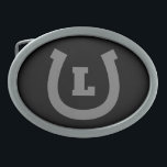 Hebilla De Cinturón Oval Logotipo de la herradura de la suerte personalizad<br><div class="desc">La hebilla del cinturón de seguridad del personalizado del logo de la herradura afortunada. Personaliza con texto, número de suerte o monograma. Color negro y blanco o personalizado. Ideal para el dueño de una granja o rancho, jinete, amante de los caballos, agricultor, vaquero, dueño de caballo, coworker, papá, etc. Los...</div>