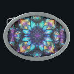 Hebilla De Cinturón Oval Los tonos de joyas florecen en Kaleidoscope<br><div class="desc">Patrón de flores caleidoscópicas detalladas intrincadas en tonos joyas de amarillo y púrpura azul, </div>