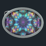 Hebilla De Cinturón Oval Los tonos de joyas florecen en Kaleidoscope<br><div class="desc">Patrón de flores caleidoscópicas detalladas intrincadas en tonos joyas de amarillo y púrpura azul, </div>
