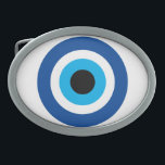 Hebilla De Cinturón Oval Mati azul de ojos malvados Suerte griega y símbolo<br><div class="desc">Malvado Ojo Azul Mati Suerte griega y símbolo de protección Hebilla del cinturón. Icono azul Mati griego / turco nazar para protección y buena suerte. Personalizar con texto personalizado.</div>