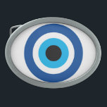Hebilla De Cinturón Oval Mati azul de ojos malvados Suerte griega y símbolo<br><div class="desc">Malvado Ojo Azul Mati Suerte griega y símbolo de protección Hebilla del cinturón. Icono azul Mati griego / turco nazar para protección y buena suerte. Personalizar con texto personalizado.</div>