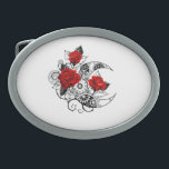 Hebilla De Cinturón Oval Media luna mecánica con rosas rojas<br><div class="desc">Contorno,  luna de media luna mecánica con engranajes,  decorada con rosas rojas con tallo negro y hojas sobre fondo blanco. Steampunk</div>