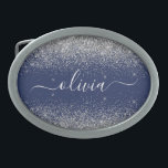Hebilla De Cinturón Oval Monograma de esparkle Purpurina azul de la marina<br><div class="desc">Bujeta de Monograma del Purpurina de la aguja azul y plateado de la aguja. Esto hace que la graduación perfecta, dulce 16 16, 18, 21, 30, 40, 50, 60, 70, 80, 90, 100 años, boda, ducha de novias, aniversario, ducha de bebé o despedida de soltera para alguien que ama el...</div>