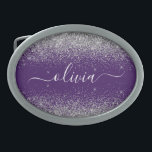 Hebilla De Cinturón Oval Monograma de Girly Glam Purpurina de Plata Púrpura<br><div class="desc">Cubierta de Monograma con guion de Purpurina de espuma morado y plateado. Esto hace que la graduación perfecta, dulce 16 16, 18, 21, 30, 40, 50, 60, 70, 80, 90, 100 años, boda, ducha de novias, aniversario, ducha de bebé o despedida de soltera para alguien que ama el lujo y...</div>