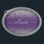 Hebilla De Cinturón Oval Monograma de Girly Glam Purpurina de Plata Púrpura<br><div class="desc">Cubierta de Monograma con guion de Purpurina de espuma morado y plateado. Esto hace que la graduación perfecta, dulce 16 16, 18, 21, 30, 40, 50, 60, 70, 80, 90, 100 años, boda, ducha de novias, aniversario, ducha de bebé o despedida de soltera para alguien que ama el lujo y...</div>