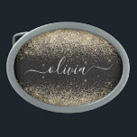 Hebilla De Cinturón Oval Monograma del Purpurina negro dorado Nombre de la<br><div class="desc">Hebilla de Monograma con Purpurina de guion de esparkle negro y dorado. Esto hace que la graduación perfecta, dulce 16 16, 18, 21, 30, 40, 50, 60, 70, 80, 90, 100 años, boda, ducha de novias, aniversario, ducha de bebé o despedida de soltera para alguien que ama el lujo y...</div>