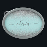 Hebilla De Cinturón Oval Monograma del Purpurina plateado Verde azulado azu<br><div class="desc">Aqua Blue - Cubierta Monograma con guion de Purpurina de espuma Verde azulada y plateado. Esto hace que la graduación perfecta, dulce 16 16, 18, 21, 30, 40, 50, 60, 70, 80, 90, 100 años, boda, ducha de novias, aniversario, ducha de bebé o despedida de soltera para alguien que ama...</div>