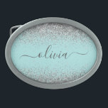 Hebilla De Cinturón Oval Monograma del Purpurina plateado Verde azulado azu<br><div class="desc">Aqua Blue - Cubierta Monograma con guion de Purpurina de espuma Verde azulada y plateado. Esto hace que la graduación perfecta, dulce 16 16, 18, 21, 30, 40, 50, 60, 70, 80, 90, 100 años, boda, ducha de novias, aniversario, ducha de bebé o despedida de soltera para alguien que ama...</div>