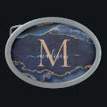 Hebilla De Cinturón Oval Monograma Geode Girly de la Agencia Azul de Oro de<br><div class="desc">Purpurina de oro azul de la Marina Glam Moderna Agate Geode Gemstone Elegante Monograma Femino Nombre de la Correa de la escritura Femenina</div>