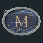 Hebilla De Cinturón Oval Monograma Geode Girly de la Agencia Azul de Oro de<br><div class="desc">Purpurina de oro azul de la Marina Glam Moderna Agate Geode Gemstone Elegante Monograma Femino Nombre de la Correa de la escritura Femenina</div>