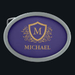 Hebilla De Cinturón Oval Monograma personalizado azul marino y oro<br><div class="desc">Nombre de Monograma Estilo Personalizado Navy Blue and Gold. Para una mayor personalización,  haga clic en el botón "Personalizar" y utilice nuestra herramienta de diseño para modificar esta plantilla.</div>