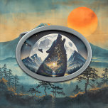 Hebilla De Cinturón Oval Mystical Wolf Howling en Moon Surreal<br><div class="desc">Imagen dentro de una imagen. Arte de doble exposición que representa a un lobo aullando en la luna con un fondo montañoso y boscoso.</div>