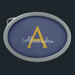 Hebilla De Cinturón Oval Navy Blue Gold Modern Script Girly Monograma Nombr<br><div class="desc">Hebilla del cinturón de nombres de los monogramas sencillos azul marino y oro. Esto hace que la graduación perfecta, dulce 16 16, 18, 21, 30, 40, 50, 60, 70, 80, 90, 100 años, boda, ducha de novias, aniversario, ducha de bebé o despedida de soltera para alguien que ama el lujo...</div>