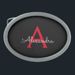 Hebilla De Cinturón Oval Nombra de monograma de guión negro rojo<br><div class="desc">Hebilla de nombre del cinturón de seguridad de escritura simple negra y roja. Esto hace que la graduación perfecta, dulce 16 16, 18, 21, 30, 40, 50, 60, 70, 80, 90, 100 años, boda, ducha de novias, aniversario, ducha de bebé o despedida de soltera para alguien que ama el lujo...</div>