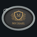 Hebilla De Cinturón Oval Nombre de monograma de estilo personalizado en neg<br><div class="desc">Nombre de Monograma Estilo Personalizado en Negro y Oro. Para una mayor personalización,  haga clic en el botón "Personalizar" y utilice nuestra herramienta de diseño para modificar esta plantilla.</div>