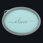 Hebilla De Cinturón Oval Nombre de Monograma del Guión Azul Verde azulado M<br><div class="desc">Cubierta del cinturón de nombres del cinturón de seguridad Verde azulado simple Aqua Blue Script. Esto hace que la graduación perfecta, dulce 16 16, 18, 21, 30, 40, 50, 60, 70, 80, 90, 100 años, boda, ducha de novias, aniversario, ducha de bebé o despedida de soltera para alguien que ama...</div>