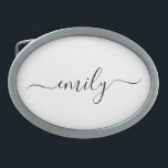 Hebilla De Cinturón Oval Nombre de monograma del guión moderno blanco negro<br><div class="desc">Nombre de monograma de script simple en blanco y negro. Esto hace que el dulce perfecto cumpleaños 16,  boda,  ducha de novia,  aniversario,  ducha de bebé o fiesta de soltera sea regalo para alguien que ama el lujo glam y los estilos de moda.</div>