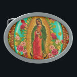 Hebilla De Cinturón Oval Nuestra Señora Guadalupe Santa Virgen María<br><div class="desc">"Nuestra Señora de Guadalupe" "Virgen María" México "Nativo Estadounidense" Boho Bohemiano Católico San Diosa Cristiano Indígena Étnica Hispana "Latinoamericana" Colonial Español Precolumbio Toltec Olmeca "Nuestra Senora de Guadalupe" Catolica Espagnol Kitsch Suroeste Vintage Southwestern Madre Santa Madre Jesús Dios Adorar Religión Hipá Paz</div>
