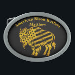 Hebilla De Cinturón Oval Patriotic Gold Bison Design<br><div class="desc">A striking golden bison adorned with American flag patterns stands prominently. This artwork showcases a blend of natural strength and national pride,  highlighting the bison's significance in American culture and history.</div>