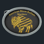 Hebilla De Cinturón Oval Patriotic Gold Bison Design<br><div class="desc">A striking golden bison adorned with American flag patterns stands prominently. This artwork showcases a blend of natural strength and national pride,  highlighting the bison's significance in American culture and history.</div>