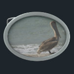 Hebilla De Cinturón Oval Pelican marrón en la playa<br><div class="desc">Una fotografía de un pelícano marrón disfrutando del agua y la arena en la playa en un día soleado en una hebilla de cinturón</div>
