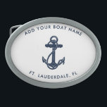 Hebilla De Cinturón Oval Personalizado de Anclaje Azul de la Marina<br><div class="desc">Agregue el nombre y la ubicación de su barco o capitán haciendo clic en el botón "Personalizar". Podrá navegar en estilo con nuestra franja náutica personalizado, la mejor compañía para sus aventuras marítimas. Esta hebilla de cinturón tiene un diseño bonito inspirado en las maravillas del océano, con motivos marítimos clásicos...</div>