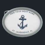 Hebilla De Cinturón Oval Personalizado de Anclaje Azul de la Marina<br><div class="desc">Agregue el nombre y la ubicación de su barco o capitán haciendo clic en el botón "Personalizar". Podrá navegar en estilo con nuestra franja náutica personalizado, la mejor compañía para sus aventuras marítimas. Esta hebilla de cinturón tiene un diseño bonito inspirado en las maravillas del océano, con motivos marítimos clásicos...</div>