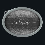 Hebilla De Cinturón Oval Purpurina negro plateado Script Monograma Nombre d<br><div class="desc">Hebilla de Monograma con Purpurina de guion de esparkle negro y plateado. Esto hace que la graduación perfecta, dulce 16 16, 18, 21, 30, 40, 50, 60, 70, 80, 90, 100 años, boda, ducha de novias, aniversario, ducha de bebé o despedida de soltera para alguien que ama el lujo y...</div>