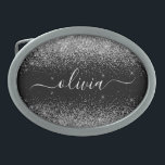 Hebilla De Cinturón Oval Purpurina negro plateado Script Monograma Nombre d<br><div class="desc">Hebilla de Monograma con Purpurina de guion de esparkle negro y plateado. Esto hace que la graduación perfecta, dulce 16 16, 18, 21, 30, 40, 50, 60, 70, 80, 90, 100 años, boda, ducha de novias, aniversario, ducha de bebé o despedida de soltera para alguien que ama el lujo y...</div>