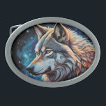 Hebilla De Cinturón Oval Retrato Nocturno Gray Wolf Starry<br><div class="desc">Retrato AI de lobo gris Starry night de minx267</div>