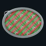 Hebilla De Cinturón Oval Ropa de jingle de patrón de suéter feo Hilo de nav<br><div class="desc">Patrón de punto en un estilo de suéter feo con campanas de jingle y texto de Feliz Navidad</div>