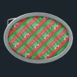 Hebilla De Cinturón Oval Ropa de jingle de patrón de suéter feo Hilo de nav<br><div class="desc">Patrón de punto en un estilo de suéter feo con campanas de jingle y texto de Feliz Navidad</div>