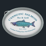 Hebilla De Cinturón Oval Salmon Bar & Grill Cyanotic<br><div class="desc">Un Sockeye Salmon de tono azul con texto que dice "Cyanotic Salmon Bar & Grill Kenai, Alaska" y "Combate al Descanso y la Relajación de la Pesca". La pesca del salmón es muy popular en Alaska. Imaginemos cientos de pescadores, hombro a hombro, alineando ambos bancos de un arroyo tratando de...</div>