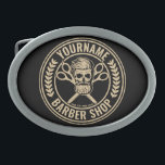 Hebilla De Cinturón Oval Salón del cráneo de la peluquería personalizada Ro<br><div class="desc">Barbería personalizada Rockabilly Skull and Scissors,  con diseño de peluquería con hipster barbudo. Personalizar con su nombre o texto Personalizado.</div>