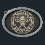 Hebilla De Cinturón Oval Salón del cráneo de la peluquería personalizada Ro<br><div class="desc">Barbería personalizada Rockabilly Skull and Scissors,  con diseño de peluquería con hipster barbudo. Personalizar con su nombre o texto Personalizado.</div>