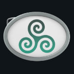 Hebilla De Cinturón Oval Símbolo celta ancestral de Triskele verde<br><div class="desc">Símbolo de Triskele Verde. El símbolo Triskele o Triskelion consiste en tres espirales interbloqueadas o tres brazos como si se estuviera moviendo desde su centro. Este símbolo celta de movimiento o acción representa los tres mundos: celeste,  físico y espiritual.</div>