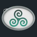 Hebilla De Cinturón Oval Símbolo celta ancestral de Triskele verde<br><div class="desc">Símbolo de Triskele Verde. El símbolo Triskele o Triskelion consiste en tres espirales interbloqueadas o tres brazos como si se estuviera moviendo desde su centro. Este símbolo celta de movimiento o acción representa los tres mundos: celeste,  físico y espiritual.</div>