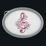 Hebilla De Cinturón Oval Tejidos musicales notas de colores con flores de S<br><div class="desc">El aroma rosa del trébol con delicadas y detalladas flores japonesas de cerezo rosadas en un fondo blanco pintado con pintura azul claro. Sakura rosa floreciente.</div>