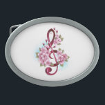 Hebilla De Cinturón Oval Tejidos musicales notas de colores con flores de S<br><div class="desc">El aroma rosa del trébol con delicadas y detalladas flores japonesas de cerezo rosadas en un fondo blanco pintado con pintura azul claro. Sakura rosa floreciente.</div>