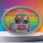 Hebilla De Cinturón Oval Unicorn Purpurina arcoiris espumosamente LGBTQ<br><div class="desc">El unicornio arcoiris brilla con un falso efecto purpurina. El fondo tiene un purpurina brillante. Disponible en otros personajes de dibujos animados kawaii y en muchas otras combinaciones de colores.</div>